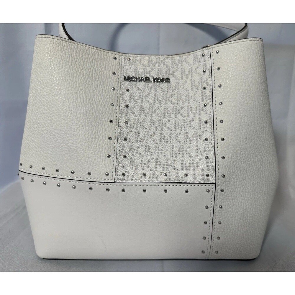 Michael Kors MK Signature Studded Shoulder Bag + Wallet White Set Medium Purse - Picture 4 of 16